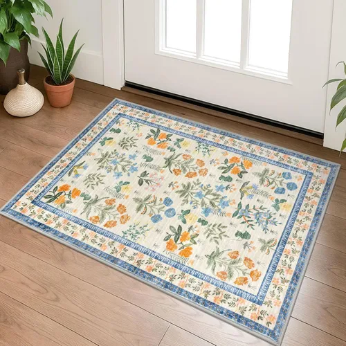 Miniatura 54 de Lansny Alfombra bohemia de 2 x 3 pulgadas, lavable, color negro, azul marino, floral, alfombra de cocina, alfombra de área pequeña de lana