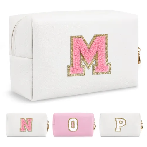 Miniatura 139 de Pequeña bolsa de maquillaje personalizada con inicial A-Z Preppy Patch, bolsa de cosméticos de viaje de felpilla blanca con cremallera, bonita bolsa
