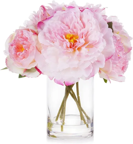 Miniatura 8 de ENOVA FLORAL Flores de seda de peonías en jarrón, flores falsas con agua sintética en jarrón de vidrio para decoración de mesa de comedor, centros