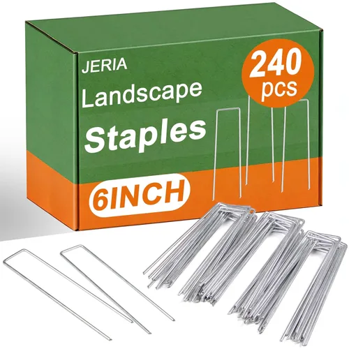 JERIA Paquete de 240 estacas de jardín galvanizadas en forma de U de 6 pulgadas, grapas de paisaje de calibre 11, pines de tela de paisaje, estacas