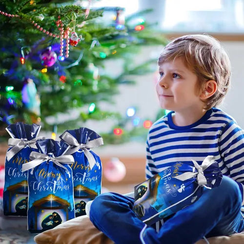 Miniatura 5 de Funrous 50 piezas de bolsas de regalo de Natividad - Bolsas de Navidad con cordón de plástico con lazos para regalos religiosos, Navidad, presentes