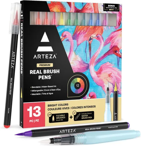 ARTEZA Bolígrafos de pincel real, juego de 12, tonos brillantes, marcadores de acuarela mezclables y 1 cepillo de agua, suministros de arte para la