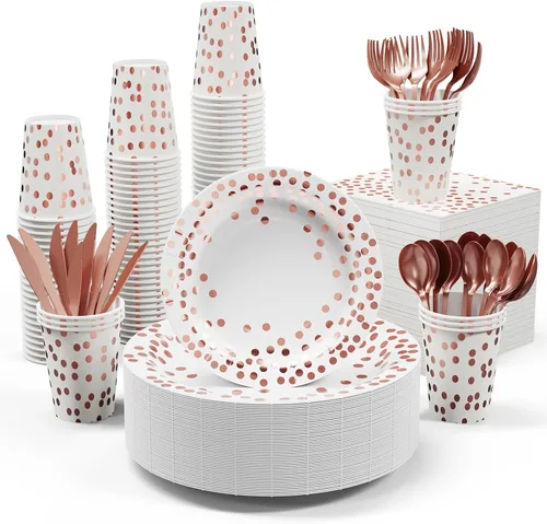 Suministros de fiesta de oro blanco y rosa – Juego de vajilla desechable de 350 piezas – platos de papel blanco, servilletas, vasos, tenedores de