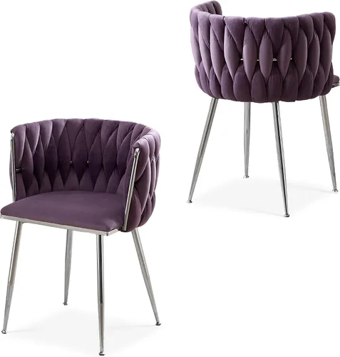 Miniatura 28 de Juego de 2 sillas de comedor de terciopelo, sillas laterales tapizadas tejidas con patas de metal plateado, Sillas de Comedor 2, sillas decorativas