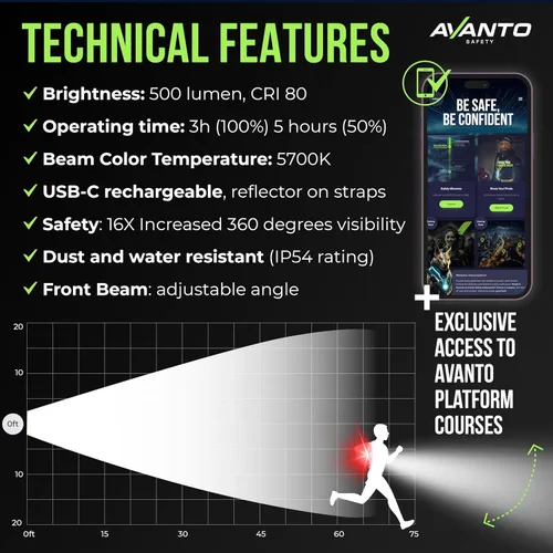 Miniatura 4 de Luz de pecho Avanto PRO, Original, Recargable por USB-C, Luces de correr para corredores, 500lm de haz ajustable, 3-5h de tiempo de uso, Linternas
