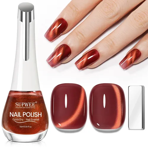 Esmalte de uñas de ojo de gato burdeos sin gel, esmalte de uñas magnético secado al aire para uñas de los pies, secado rápido, alto brillo,