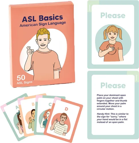 Tarjetas flash ASL - 50 tarjetas flash de lenguaje de señas americano para principiantes, niños, adolescentes y adultos
