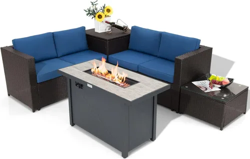 Tangkula Juego de muebles de patio de 5 piezas con mesa para fogata de propano de 42 pulgadas, juego de conversación de mimbre para exteriores con