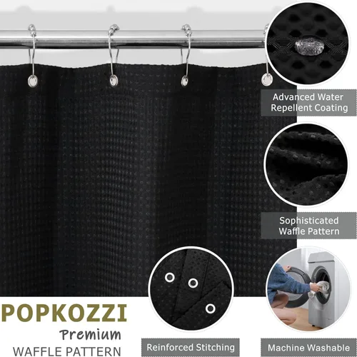 Miniatura 3 de Cortina de ducha negra con tejido de gofre: cortinas de ducha de tela texturizada resistente para baño, repelente al agua, 256 GSM, cortina de baño