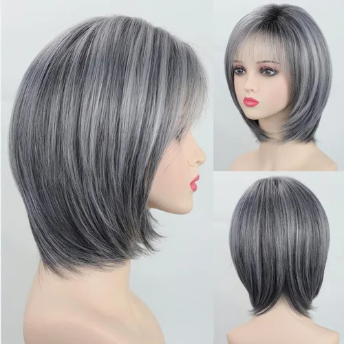 Miniatura 22 de RENERSHOW Pelucas rubias en capas para mujeres blancas con flequillo, peluca de pelo corto lacio, peluca sintética de color rubio degradado