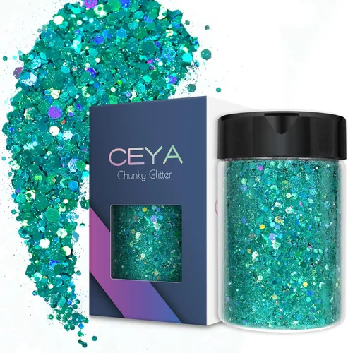 Miniatura 16 de Ceya Brillantina gruesa holográfica, 1 libra/16 onzas, oro diamante a granel, purpurina mixta gruesa y fina embotellada con lentejuelas metálicas