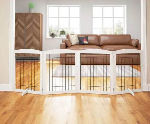 PAWLAND Puerta extra ancha para perros para casa, puerta, escaleras, cercas para perros en interiores, puertas plegables independientes de madera