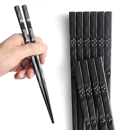 Miniatura 10 de YFWOOD 5 pares de palillos, palillos reutilizables aptos para lavavajillas, antideslizantes, de 9.4 pulgadas - Negro