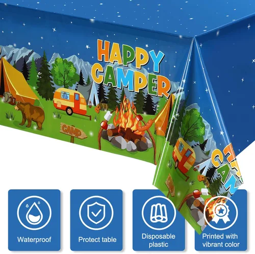 Miniatura 4 de Tegeme Mantel de plástico con temática de fogata y bosque, 1 pieza, para campamento, fiesta, suministros de decoración