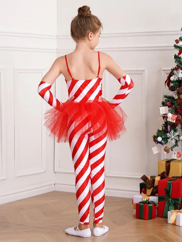 Miniatura 4 de Traje de baile de Navidad para niñas y niñas, ballet, gimnasia, leotardo de baile, bastón de caramelo, rayas