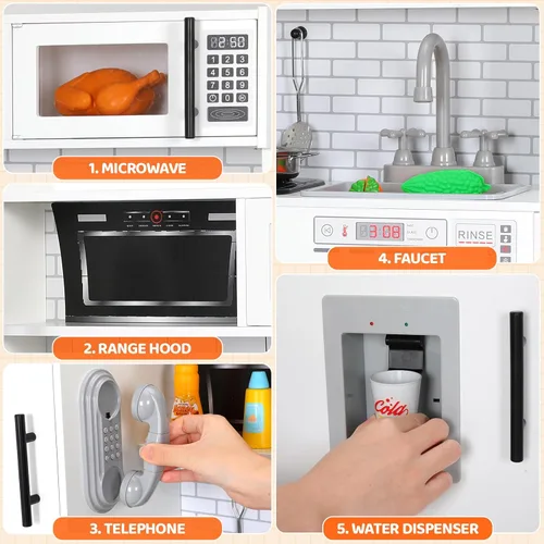 Miniatura 4 de Arlopu Juego de cocina para niños, juego de juguetes de madera con diseño realista, sonidos de luces, ollas y utensilios para niños y niñas a partir