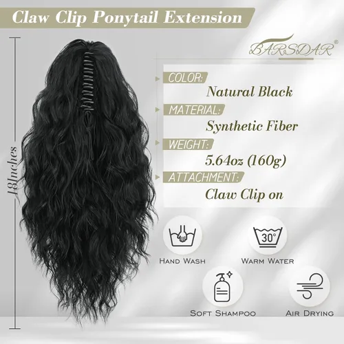 Miniatura 2 de BARSDAR Extensión de cola de caballo negra, extensiones de cabello de cola de caballo con clip de garra de 18 pulgadas para mujer, extensiones