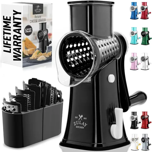 Zulay Kitchen Rallador Rotativo de Queso de 5 Cuchillas Rallador de Queso - Rallador de Queso Manual de Manivela con Succión Reforzada y 5 Tambores