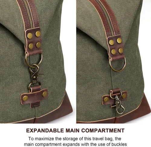 Miniatura 4 de S-ZONE - Bolsa de viaje de lona sobredimensionada con adornos de cuero genuino, bolsa deportiva de hombro de fin de semana, bolso de fin de semana