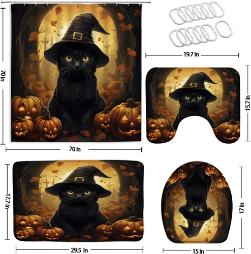 Miniatura 2 de Juego de 4 cortinas de ducha de gato negro para Halloween, otoño, calabaza, animales divertidos, sombrero mágico, feliz día festivo, día de todos
