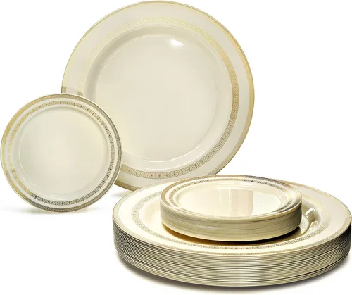 Miniatura 18 de Occasions" - Juego de 125 piezas (25 invitados) - Platos y cubiertos de plástico para boda, vajilla pesada desechable de 10.5 pulgadas, 6.25