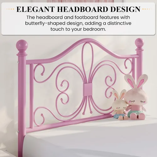 Miniatura 4 de SHA CERLIN Marco de Cama Tamaño Twin para Niños, Marco de Cama de Metal con Cabecero y Pie de Cama de Diseño de Patrón de Mariposa, No Necesita Rosa