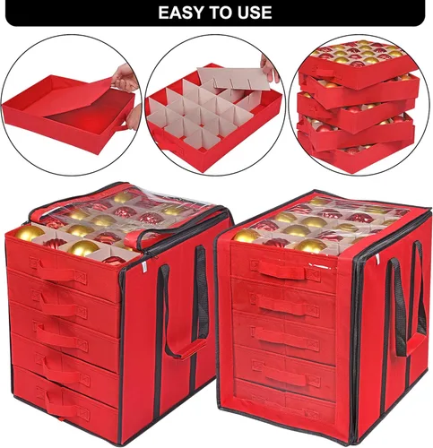 Miniatura 3 de ProPik Cajas de almacenamiento de adornos navideños con divisores, 5 bandejas separadas, soporte para adornos, mantiene 100 adornos navideños, bolsa