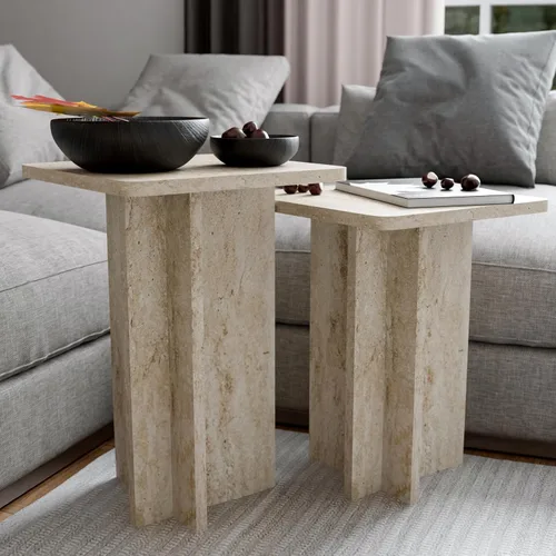 Miniatura 4 de Travertine Efect - Juego de 2 mesas auxiliares modernas, mesa auxiliar pequeña para sala de estar