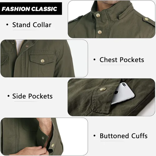 Miniatura 3 de Chaqueta militar para hombre, casual, de algodón, ligera, rompevientos con capucha extraíble