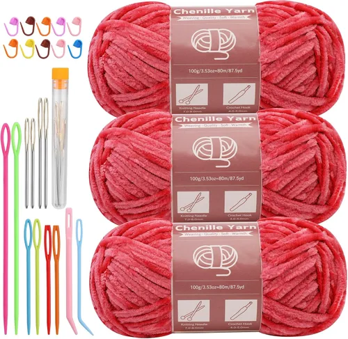 Miniatura 16 de LUNARM Hilado de chenilla para tejer y hacer ganchillo, 3 madejas de 240 metros de hilo grueso, suave y voluminoso, para tejer mantas, ropa y Beige