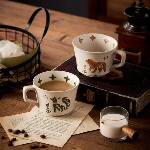 Miniatura 2 de Juego de 4 tazas de café de cerámica vintage de 12 onzas - Hechas a mano de gres cerámico de campo, estilo granja, para té de otoño con gran asa