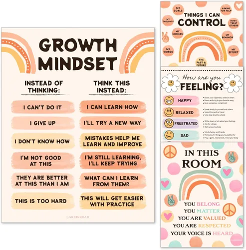 LARKINROAD Pósteres de mentalidad de crecimiento, decoración de aula Groovy 4 de salud mental retro para el aula (11 x 14 sin marco) carteles de