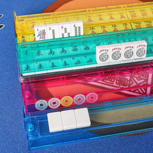 Miniatura 7 de Juego de Mahjong Americano GUSTARIA, 166 fichas blancas de calidad, 4 estantes/empujadores de color todo en uno, juego completo de fichas de Mahjong