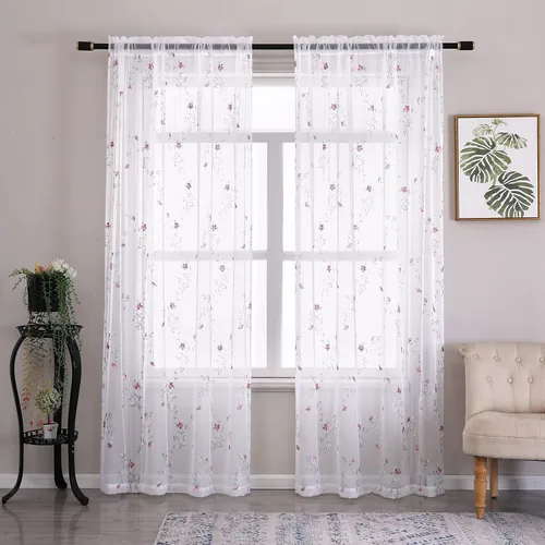 Miniatura 23 de Taisier Home Cortinas Traslúcidas Blancas Florales con Estampado de Flores y Bordado de Enredaderas para Dormitorio, Cortina con Bolsillo
