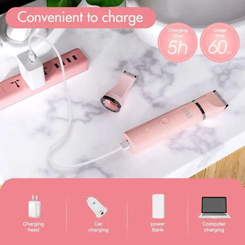 Miniatura 6 de AIBRIT PRO Recortadora eléctrica de bikini para mujer, 2 en 1, afeitadora de pelo púbico eléctrica, depiladora sin dolor, afeitadora de cuerpo, Rosa