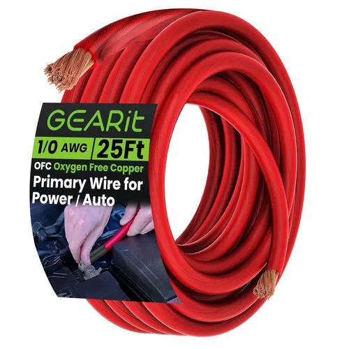 GEARit Cable de tierra de cobre libre de oxígeno OFC calibre 1/0 (25 pies - Rojo translúcido) 0 AWG - Cable automotriz principal de Alambre de