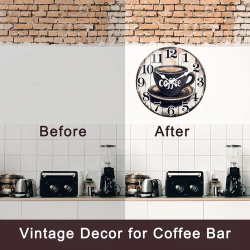 Miniatura 5 de Reloj de pared vintage con letrero de café para cocina, estilo rústico, funciona con pilas, para cocina/cafetería/comedor/hogar (12 pulgadas)