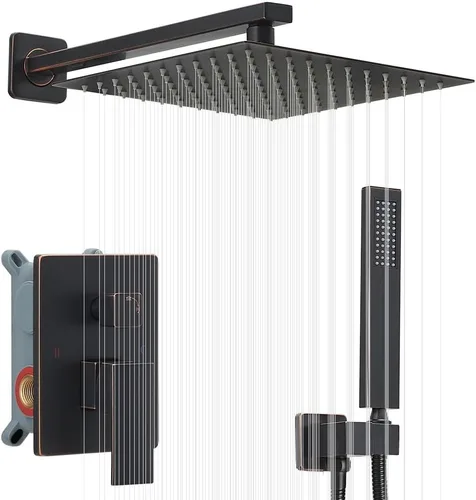 Miniatura 12 de Sistema de ducha negro mate de 10 pulgadas para baño, juego combinado de ducha de lujo con mezclador de lluvia, montado en la pared, grifo de ducha