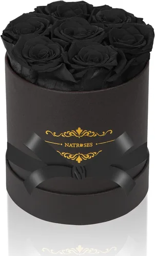 NATROSES 7 piezas de rosas preservadas en una caja, flores preservadas para cumpleaños, regalos de flores para el Día de la Madre (negro)