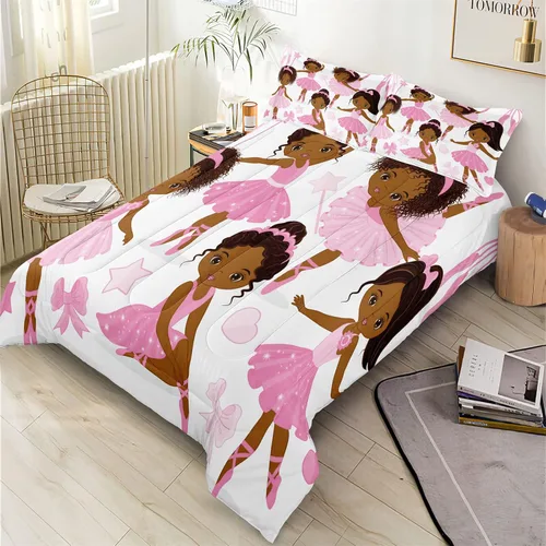 Miniatura 2 de Juego de ropa de cama individual para niñas, juego de edredón mágico afroamericano con bailarina de ballet, juego de cama rosa para niños pequeños