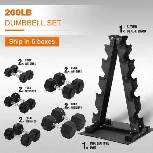 Miniatura 2 de Fitvids Juego de mancuernas hexagonales recubiertas de goma con estante de almacenamiento, juego de pesas de mano de 100/150/200/550 libras