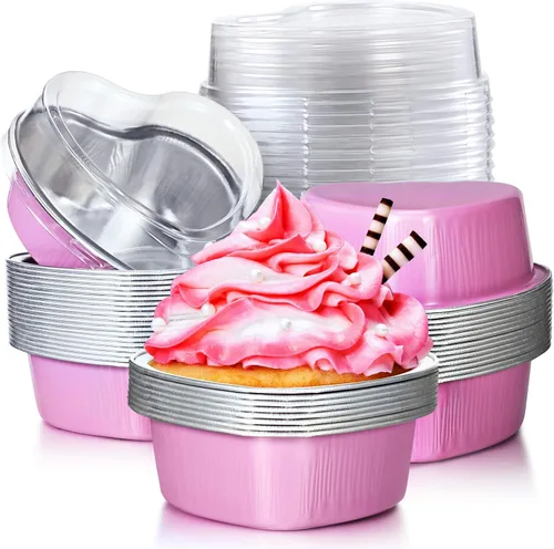 Miniatura 8 de Molde de aluminio para tartas en forma de corazón con tapas, 3.4 fl oz/3.4 onzas, mini taza desechable para magdalenas, tazas para hornear para San