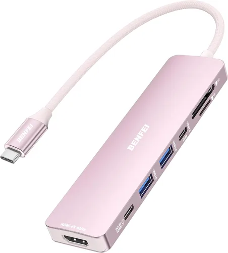 Miniatura 8 de BENFEI Concentrador USB C 7 en 1 con HDMI (4K@60Hz), 2 USB-A, 1 USB-C de datos, carga de 100W, lector de tarjetas SD/TF, cable sin enredos