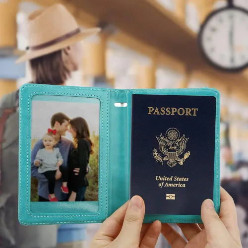 Miniatura 3 de Soporte para pasaporte y tarjetero de vacuna, cartera para pasaporte, funda para pasaporte con bloqueo RFID, Azul lago, Compacto