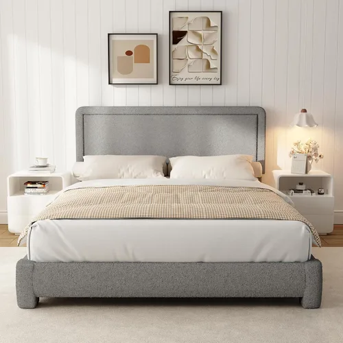Miniatura 9 de Base de cama tamaño Queen, marco de cama Boucle con cabecera ajustable, cama de plataforma tapizada moderna con listones de madera, esquinas Beige