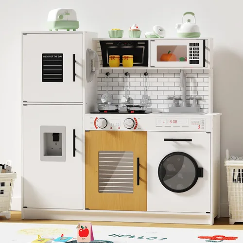 Miniatura 8 de Babytronic Juego de cocina de madera para niños, cocina de juego interactiva con luces y sonidos, juego de cocina de juguete para niños con grifo