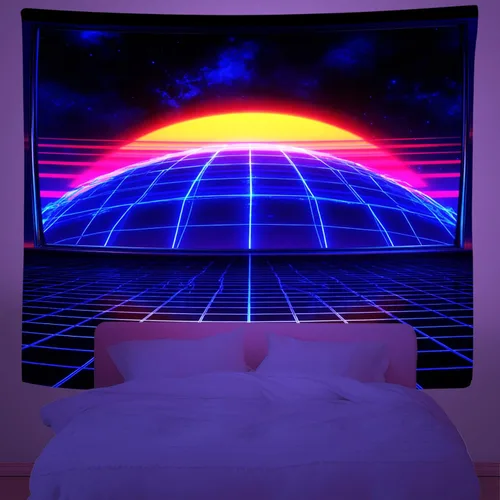 Miniatura 2 de Zpryzmia Blacklight Retro Synthwave Tapestry - Glow in the Dark Neon Starry Sunset Tapestries Geometric Grid Upright Posters Wall Hanging Room Decor