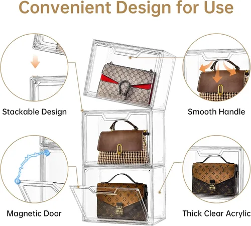 Miniatura 4 de Organizador de bolso para armario, vitrina de acrílico transparente para organizador de bolso, caja de almacenamiento de monedero con puerta