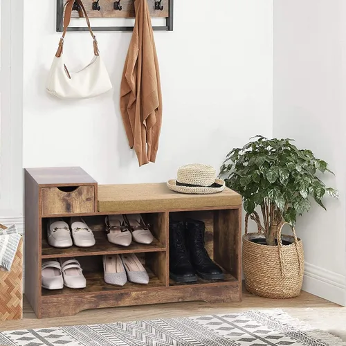 Miniatura 3 de PHI VILLA Banco de almacenamiento de zapatos con cojín de asiento, zapatero organizador de zapatos para entrada, sala de estar, marrón rústico