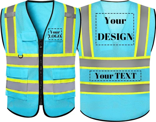 Chaleco de seguridad de malla personalizado con LOGOTIPO Chaleco reflectante de alta visibilidad con 5 bolsillos y cremallera Azul personalizado
